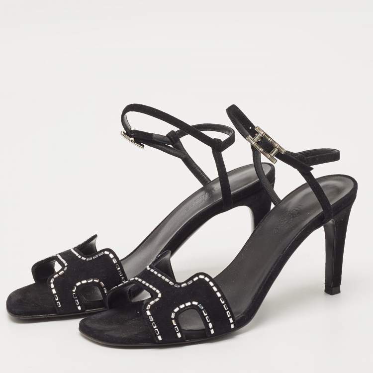 Pre Owned Hermes Black Suede Crystal Embellished Heden Sandals Size 37