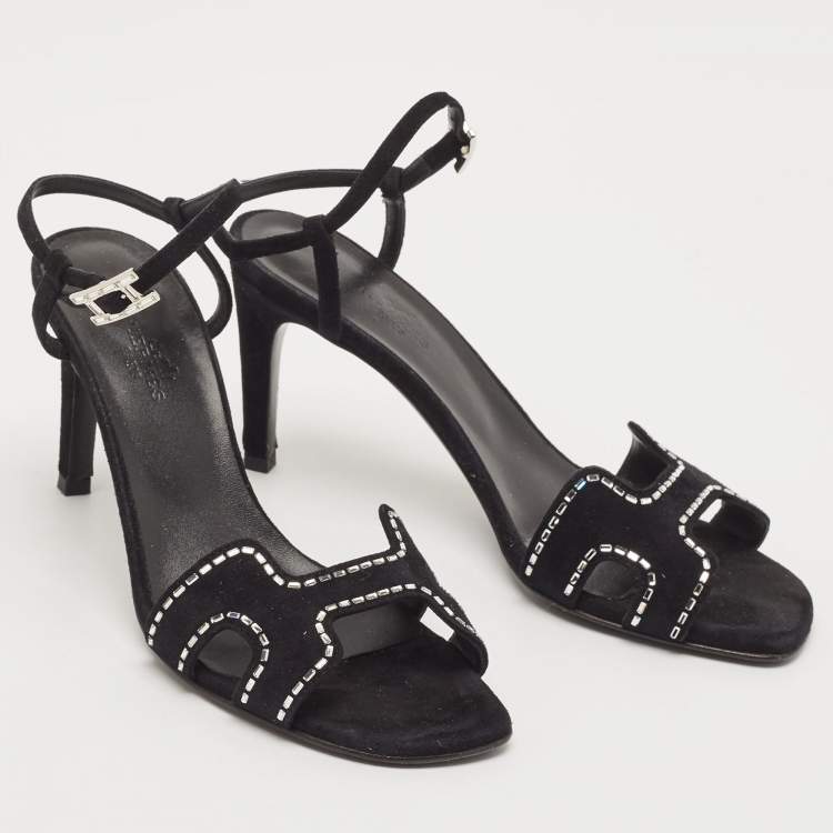 Pre Owned Hermes Black Suede Crystal Embellished Heden Sandals Size 37