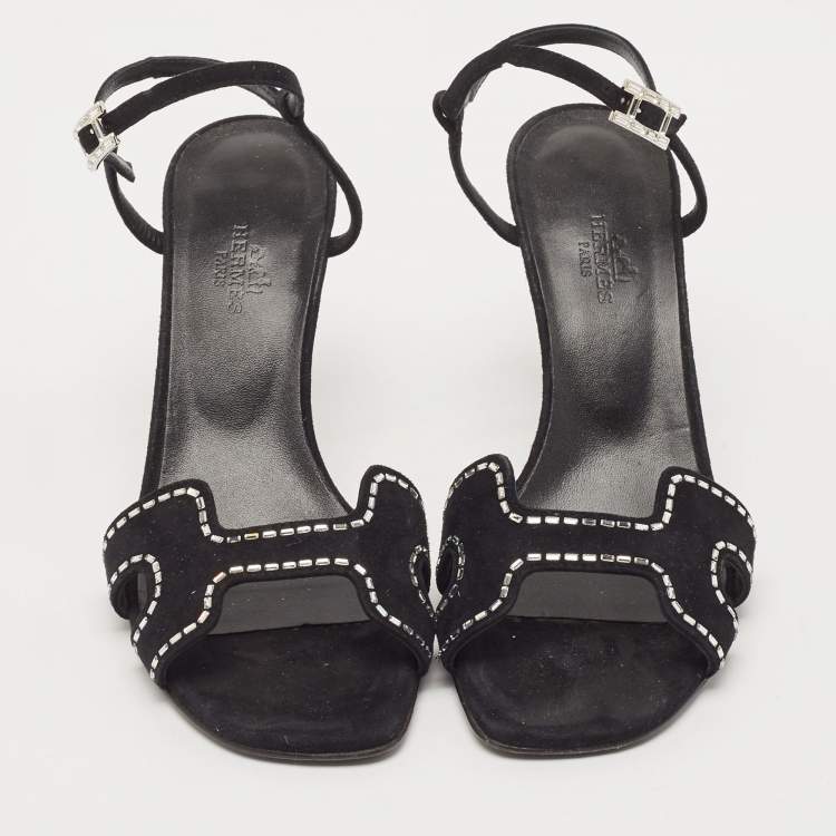 Pre Owned Hermes Black Suede Crystal Embellished Heden Sandals Size 37