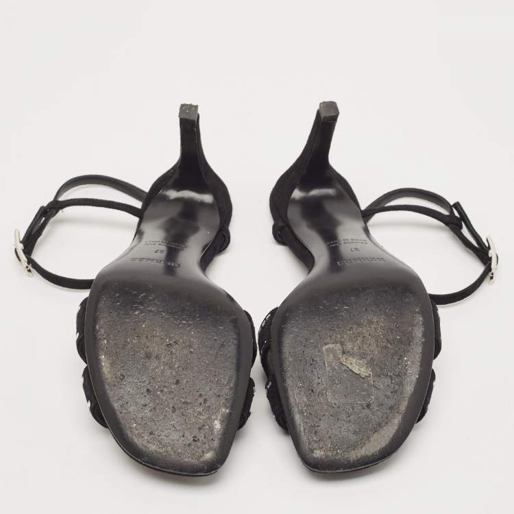 Pre Owned Hermes Black Suede Crystal Embellished Heden Sandals Size 37