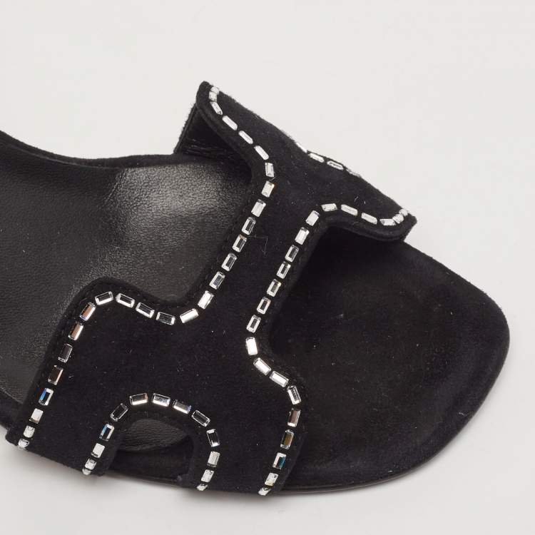 Pre Owned Hermes Black Suede Crystal Embellished Heden Sandals Size 37