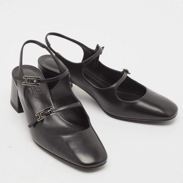 Pre Owned Hermes Black Leather Jackie Slingback Pumps Size 36