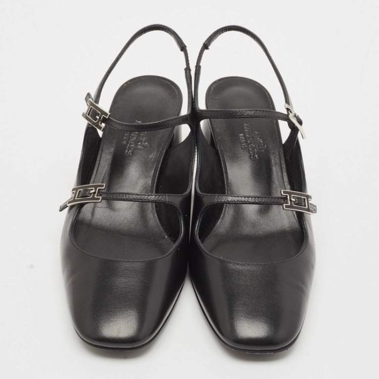 Pre Owned Hermes Black Leather Jackie Slingback Pumps Size 36