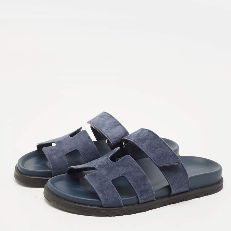 Pre Owned Hermes Navy Blue Suede Chypre Sandals Size 37