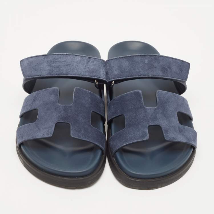 Pre Owned Hermes Navy Blue Suede Chypre Sandals Size 37