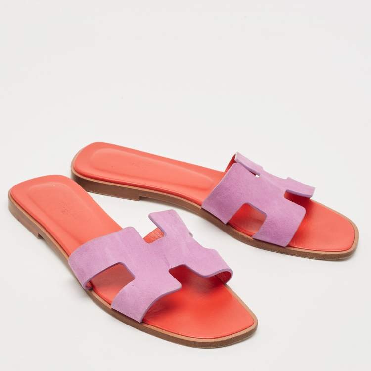 Pre Owned Hermes Purple Suede Oran Flat Slides Size 39.5
