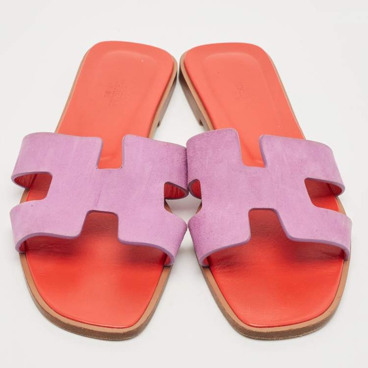 Pre Owned Hermes Purple Suede Oran Flat Slides Size 39.5