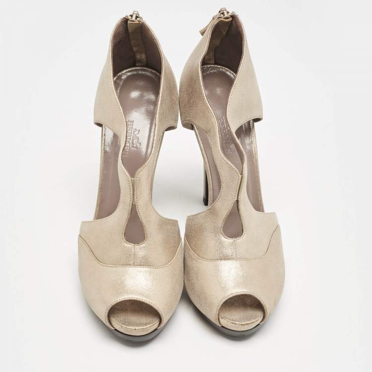 Pre Owned Hermès Gold Leather Peep Toe Platform Sandals Size 36.5