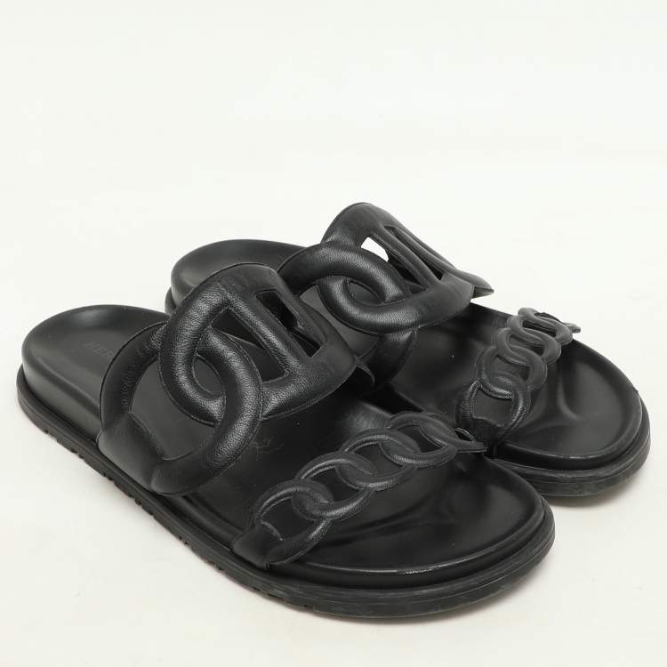 Pre Owned Hermes Black Leather Extra Flats Size 37
