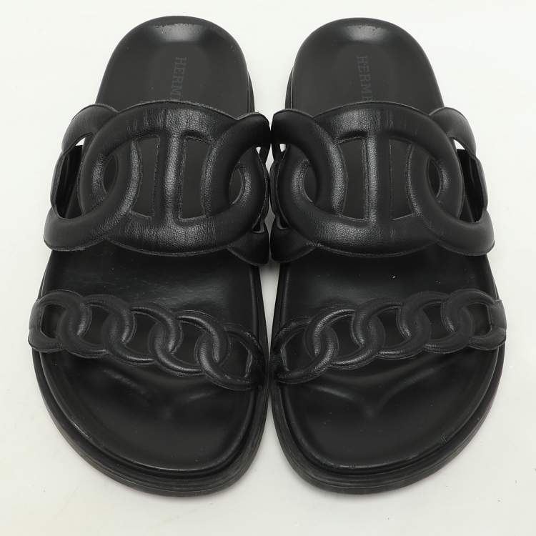 Pre Owned Hermes Black Leather Extra Flats Size 37