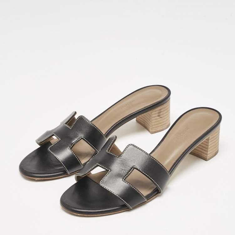 Pre Owned Hermes Black Leather Oasis Slide Sandals Size 37