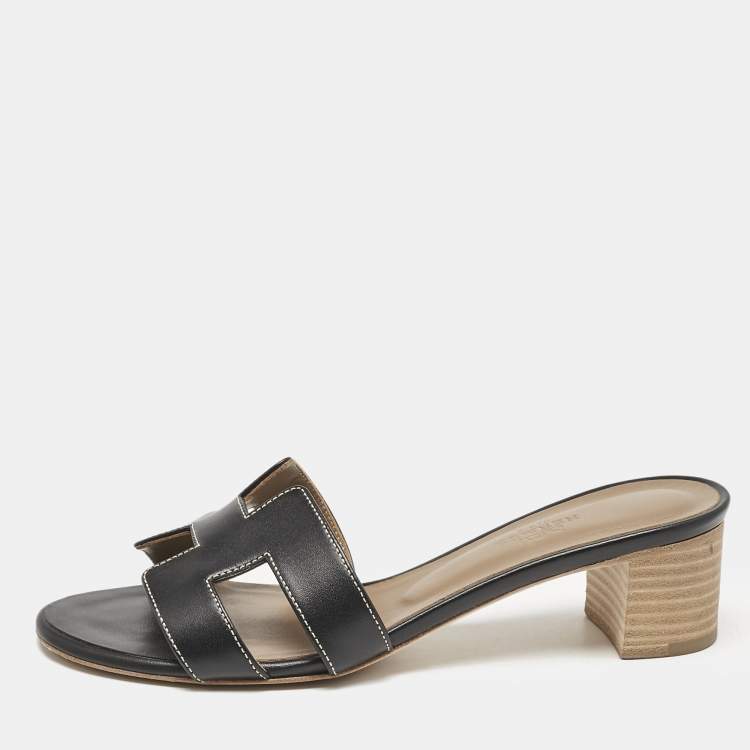 Pre Owned Hermes Black Leather Oasis Slide Sandals Size 37