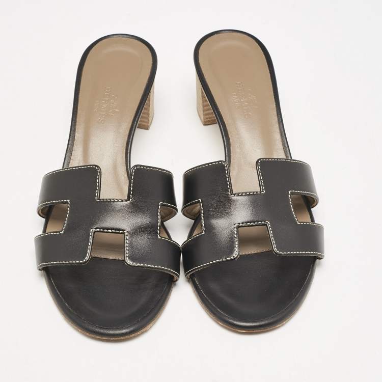 Pre Owned Hermes Black Leather Oasis Slide Sandals Size 37