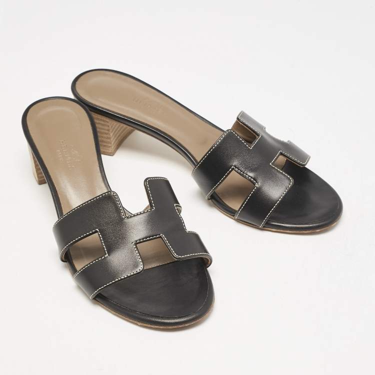 Pre Owned Hermes Black Leather Oasis Slide Sandals Size 37