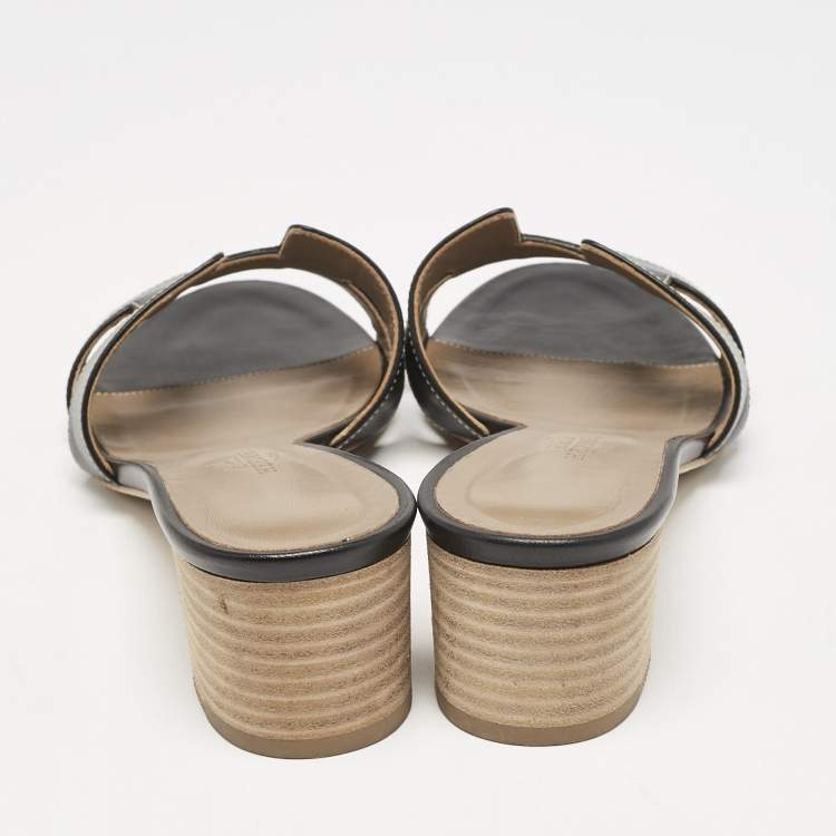 Pre Owned Hermes Black Leather Oasis Slide Sandals Size 37