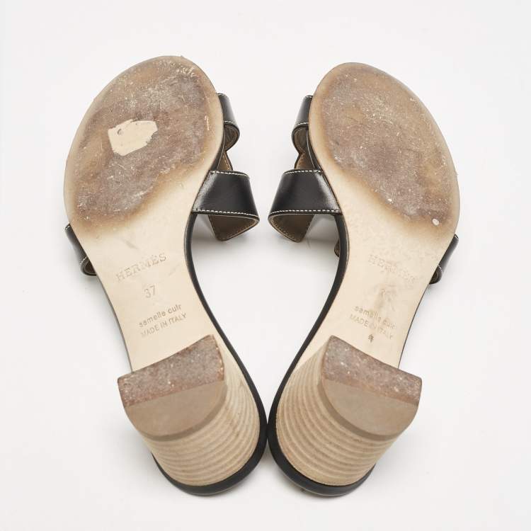Pre Owned Hermes Black Leather Oasis Slide Sandals Size 37