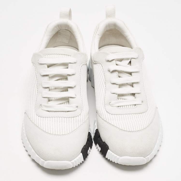Pre Owned Hermes Grey/White Fabric and Suede Bouncing Low Top Sneakers Size 37