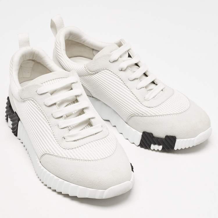 Pre Owned Hermes Grey/White Fabric and Suede Bouncing Low Top Sneakers Size 37