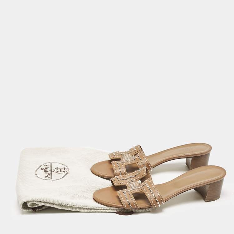 Pre Owned Hermes Brown Leather Oasis Slide Sandals Size 40