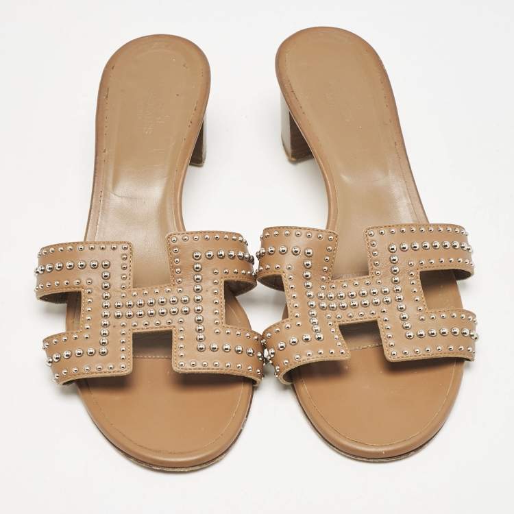 Pre Owned Hermes Brown Leather Oasis Slide Sandals Size 40