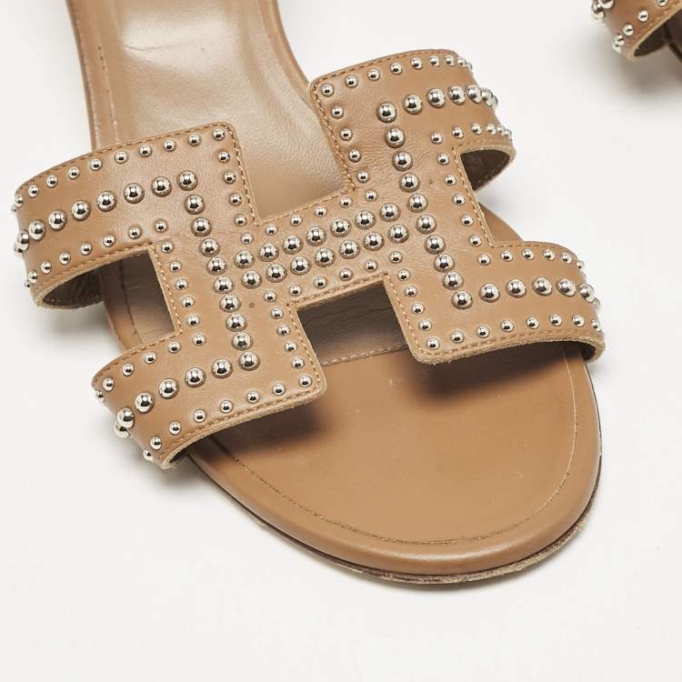 Pre Owned Hermes Brown Leather Oasis Slide Sandals Size 40