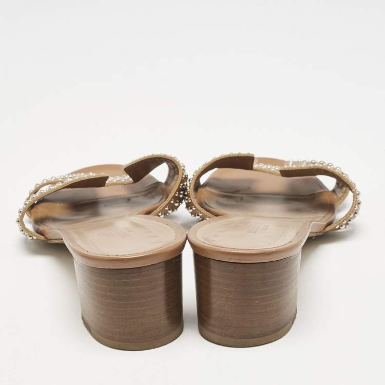 Pre Owned Hermes Brown Leather Oasis Slide Sandals Size 40