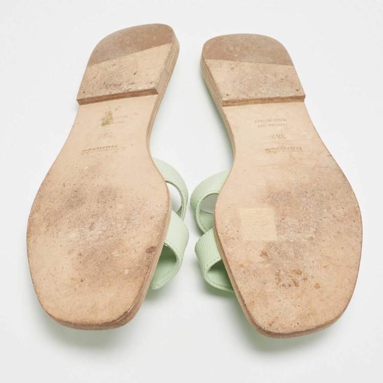 Pre Owned Hermes Green Leather Oran Slide Sandals Size 38.5