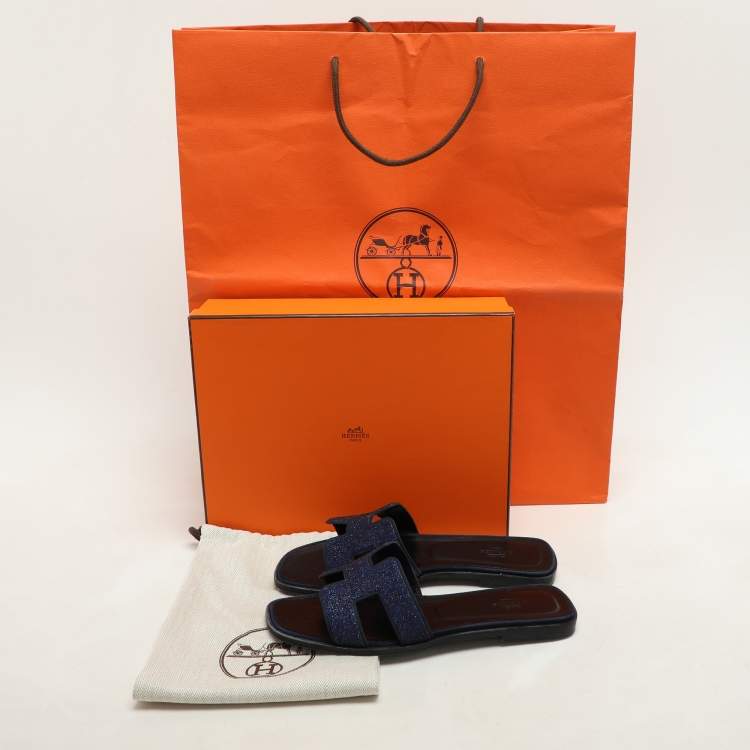 Pre Owned Hermes Blue Crystal Embellished Leather Oran Sandals Size 38
