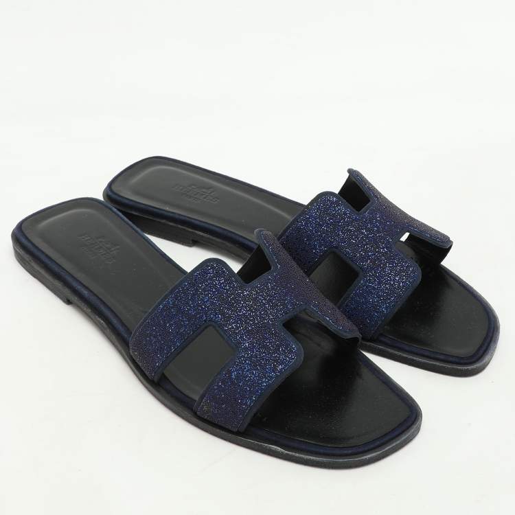 Pre Owned Hermes Blue Crystal Embellished Leather Oran Sandals Size 38
