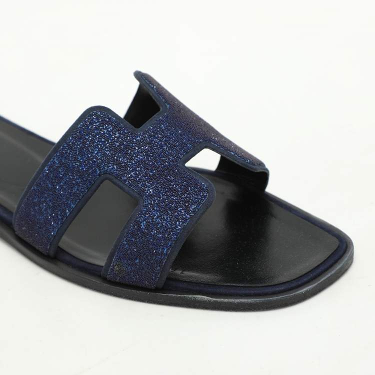 Pre Owned Hermes Blue Crystal Embellished Leather Oran Sandals Size 38