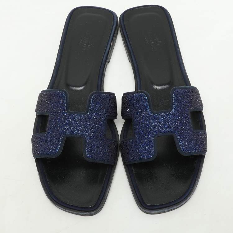 Pre Owned Hermes Blue Crystal Embellished Leather Oran Sandals Size 38