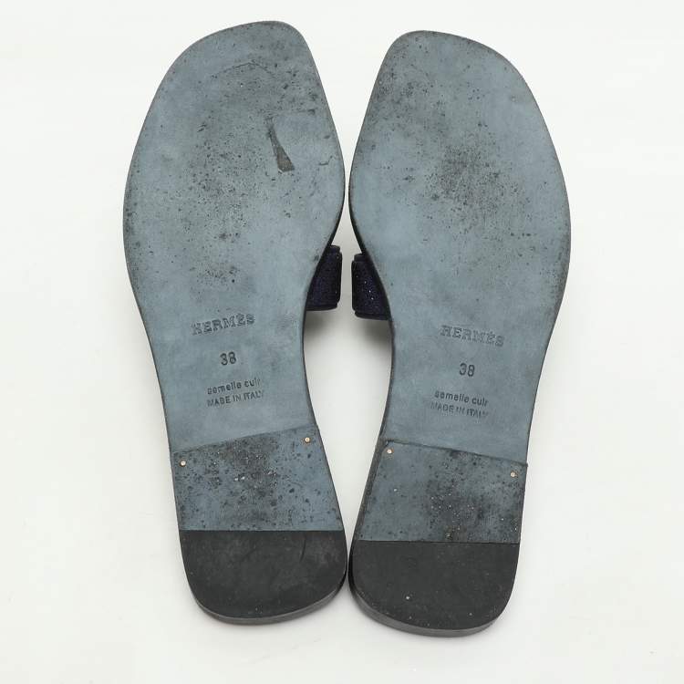 Pre Owned Hermes Blue Crystal Embellished Leather Oran Sandals Size 38