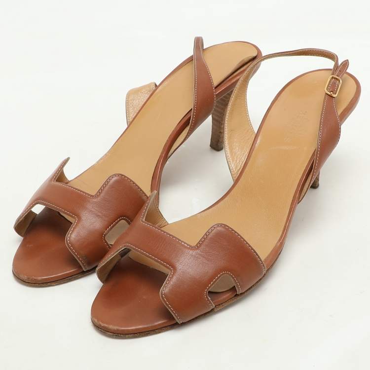 Pre Owned Hermes Brown Leather Night Slingback Sandals Size 39