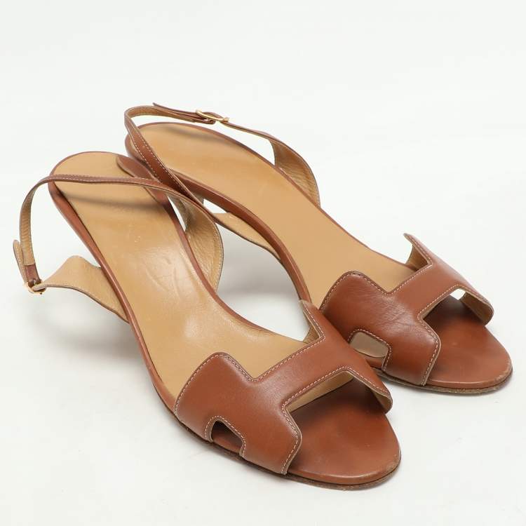 Pre Owned Hermes Brown Leather Night Slingback Sandals Size 39