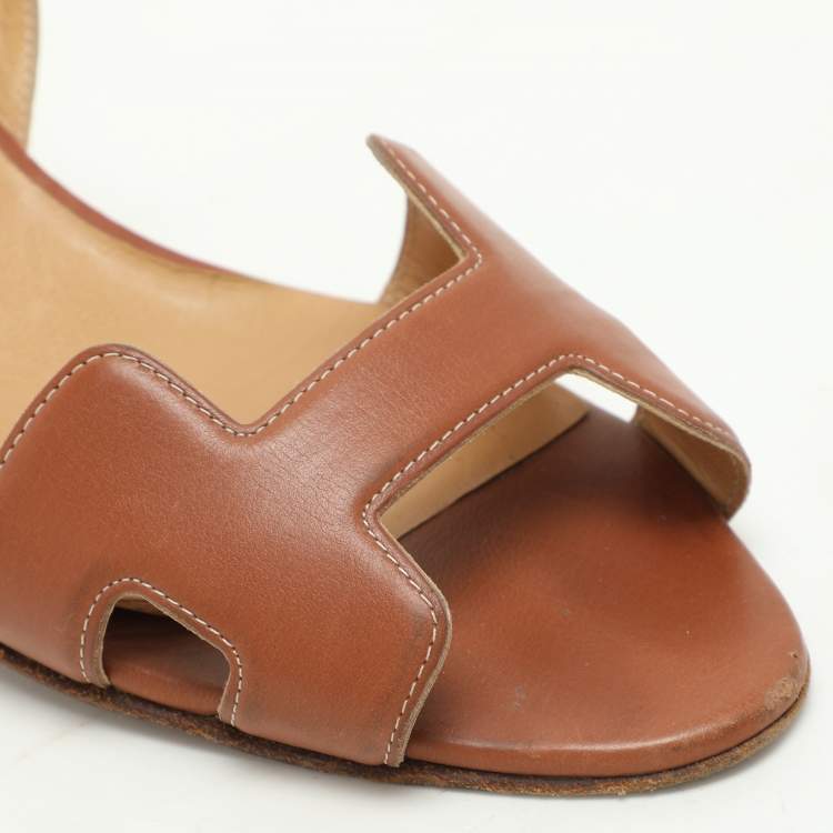 Pre Owned Hermes Brown Leather Night Slingback Sandals Size 39