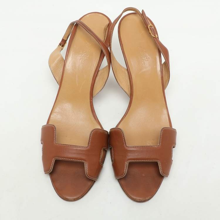 Pre Owned Hermes Brown Leather Night Slingback Sandals Size 39