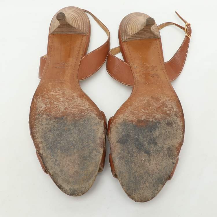Pre Owned Hermes Brown Leather Night Slingback Sandals Size 39