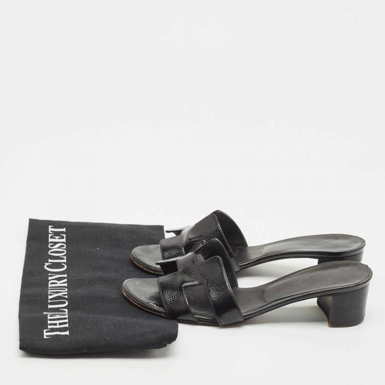 Pre Owned Hermes Black Patent Leather Oasis Slide Sandals Size 36.5