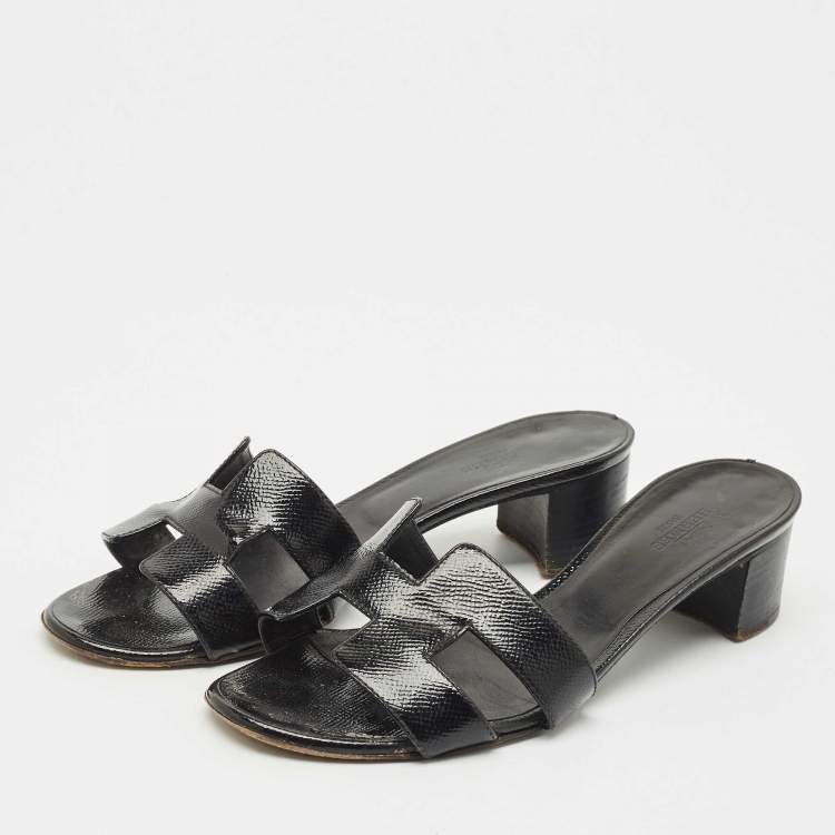 Pre Owned Hermes Black Patent Leather Oasis Slide Sandals Size 36.5