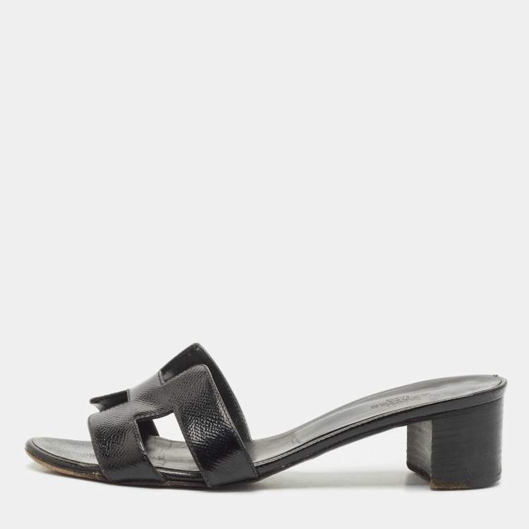 Pre Owned Hermes Black Patent Leather Oasis Slide Sandals Size 36.5