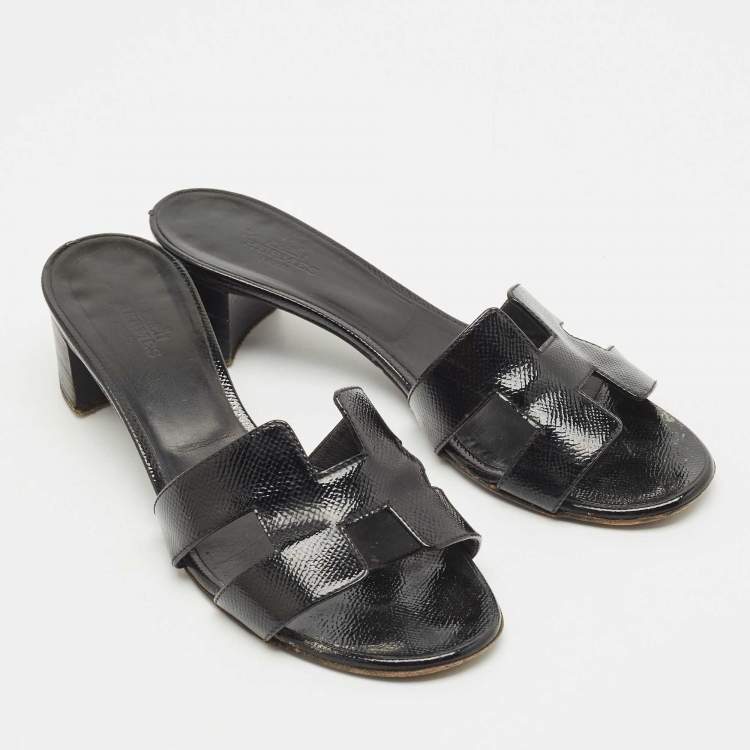 Pre Owned Hermes Black Patent Leather Oasis Slide Sandals Size 36.5