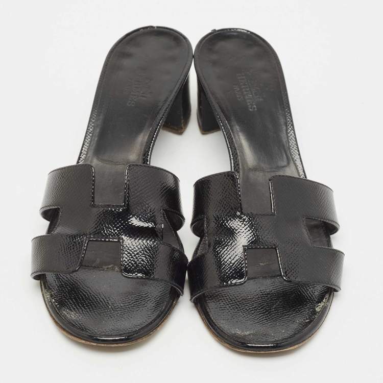 Pre Owned Hermes Black Patent Leather Oasis Slide Sandals Size 36.5