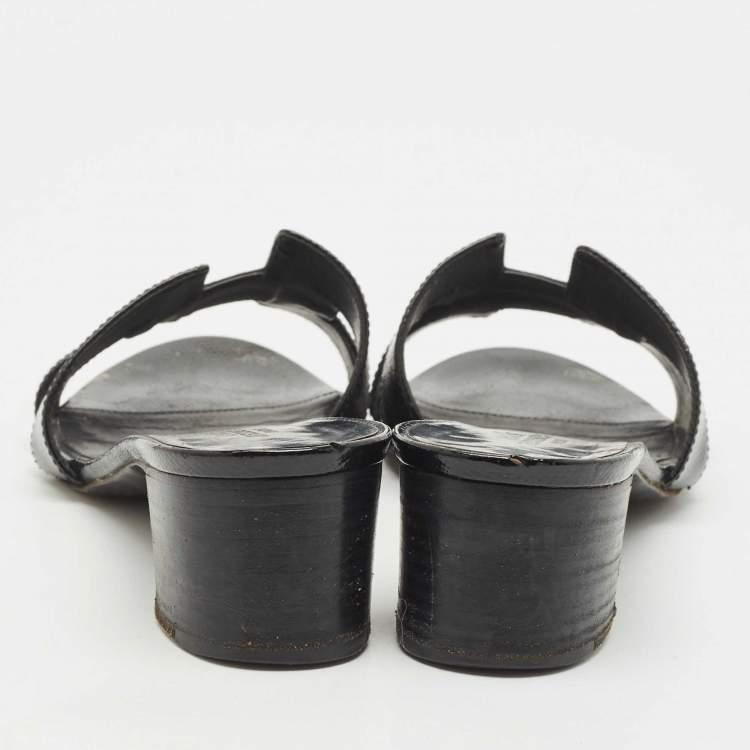 Pre Owned Hermes Black Patent Leather Oasis Slide Sandals Size 36.5