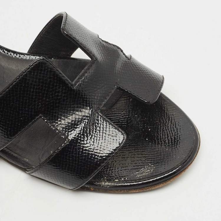 Pre Owned Hermes Black Patent Leather Oasis Slide Sandals Size 36.5