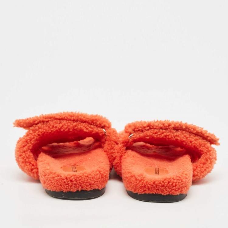 Pre Owned Hermes Orange Shearling Chypre Flat Slides Size 39