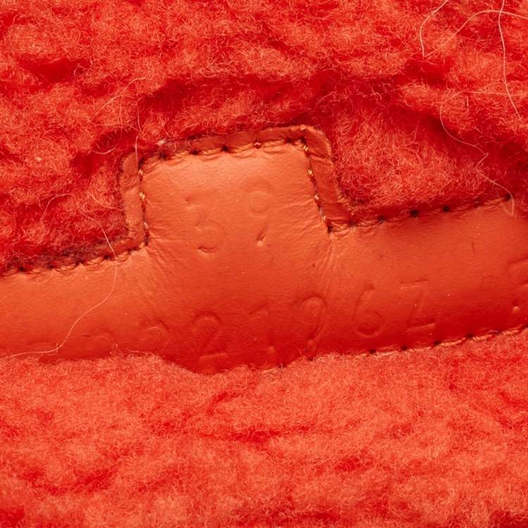 Pre Owned Hermes Orange Shearling Chypre Flat Slides Size 39