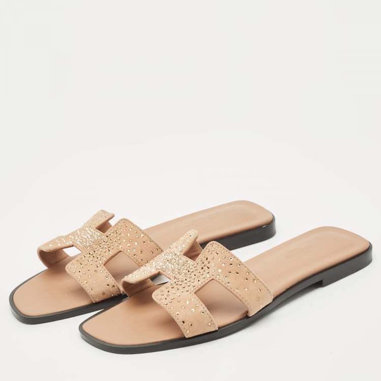 Pre Owned Hermes Beige Suede Oran Crystals Flat Slides Size 38