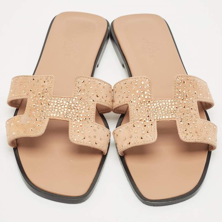 Pre Owned Hermes Beige Suede Oran Crystals Flat Slides Size 38