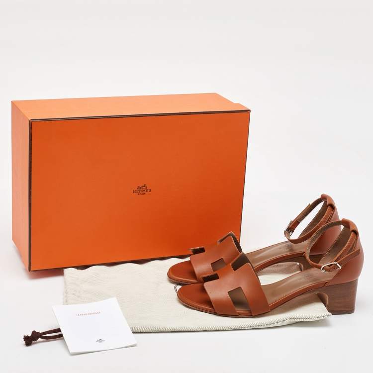 Pre Owned Hermes Brown Leather Encens Ankle Strap Sandals Size 36