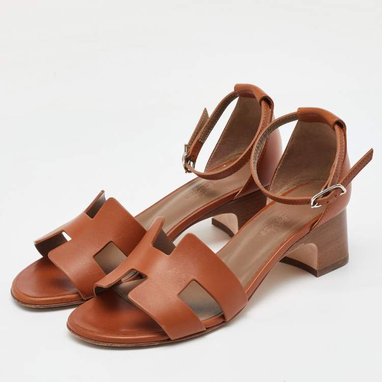 Pre Owned Hermes Brown Leather Encens Ankle Strap Sandals Size 36